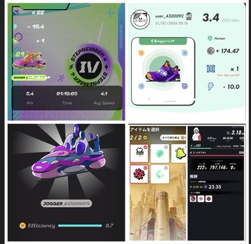 A four-panel gameplay screenshot from Pokémon Sleep showing various Pokémon cards, including Dragonite, Togekiss, and Jigglypuff, with stats like sleep score and efficiency.