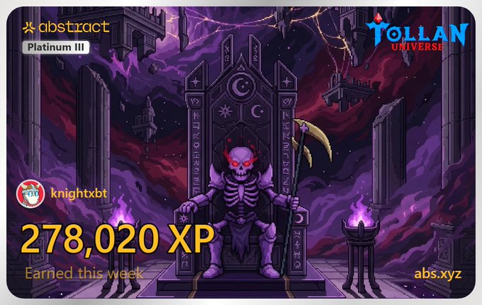The image shows an advertisement featuring a cartoon illustration of a skeleton sitting on a throne with a sword in its hand, accompanied by text that provides information about the account being referred to or about the gaming event related to the cartoon character. The image seems to be promoting an online game where players earn XP points for completing tasks and achievements associated with the Knight character.
