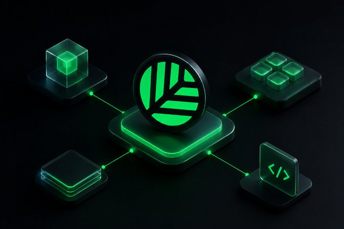 A glowing green 3D render shows a central circular logo with leaf-like geometric patterns connected via luminous lines to four surrounding icons—a cube, a four-square grid, a layered stack, and a code symbol "</>—illustrating Canopy Network's modular developer infrastructure as an interconnected ecosystem rather than a single standalone blockchain.