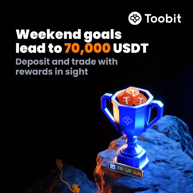 The image is a Toobit promotional graphic featuring a glowing blue trophy on a rocky surface, filled with orange USDT coins, with text reading "Weekend goals lead to 70,000 USDT — Deposit and trade with rewards in sight" and a "FRI SAT SUN" tag, directly tying into the weekend trading campaign offering a chance to share 70,000 USDT in rewards.