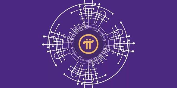 A stylized graphic of the Pi Network (π) logo centered on a purple background, surrounded by a circular web of interconnected nodes and lines that visually represent the platform's layered ecosystem of users, builders, apps, nodes, payments, and merchants reinforcing one another.
