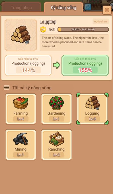 A mobile game interface in Vietnamese displays a 'Kỹ năng sống' (life skills) menu, highlighting the 'Logging' skill at Level 5 with 48836/881280 XP, showing a production boost from 144% to 155% and other skills like Farming, Gardening, Mining, and Ranching.