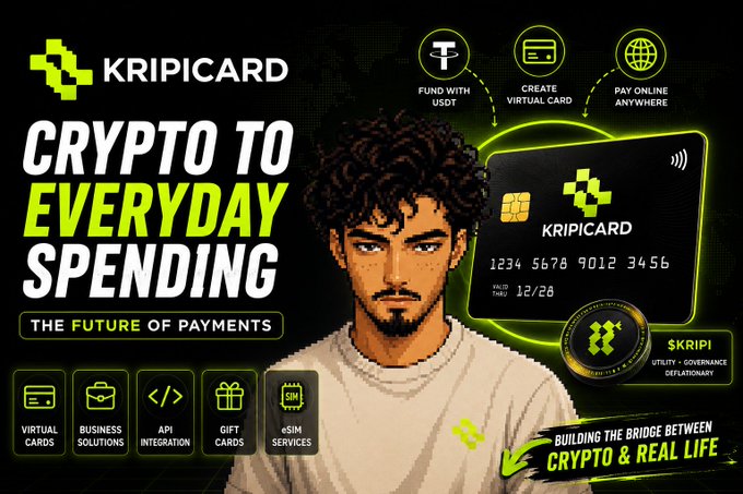 The image is a promotional graphic for Kripicard, featuring pixel-art style branding with the tagline "CRYPTO TO EVERYDAY SPENDING" and "THE FUTURE OF PAYMENTS," alongside an illustrated character. It showcases the service's key features—including virtual cards, business solutions, API integration, gift cards, and eSIM services—and illustrates the user flow: fund with USDT, create a virtual card, and pay online anywhere, with a sample card showing the number "1234 5678 9012 3456" and the $KRIPI utility/governance token highlighted.

The graphic visually reinforces the post's message by depicting Kripicard as the bridge connecting cryptocurrency (USDT) to real-world spending through virtual cards.