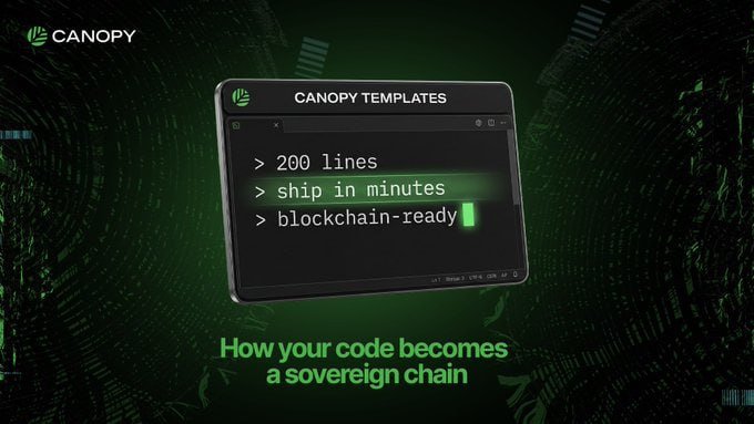 A dark green promotional graphic for CANOPY displaying a terminal window titled 'CANOPY TEMPLATES' with code snippets like '> 200 lines' and '> ship in minutes,' captioned 'How your code becomes a sovereign chain.'