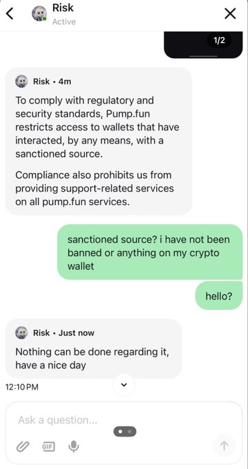 A chat screenshot from a platform showing a support message from "Risk" informing a user that access has been restricted due to interaction with a sanctioned source, ending with "have a nice day" after the user asks questions.
