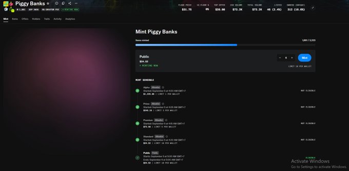 The image shows a cryptocurrency NFT platform interface for "Piggy Banks" with a price of $31.75, displaying a "Mint Piggy Banks" section showing a Public round with an initial mint price of $24.93 (Limited to 9,000) that has since jumped significantly in value, as referenced in the post highlighting the nearly 5x price increase in a very short timeframe.