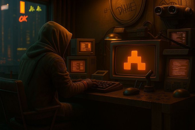 A hooded figure sits at a dimly lit desk filled with vintage computer monitors and keyboards, with one screen displaying an orange pixelated 'A' logo.