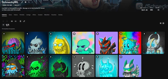An NFT portfolio page for the collection 'SchneckyIRL', displaying a grid of various colorful, stylized cartoon monster avatars on a dark background.