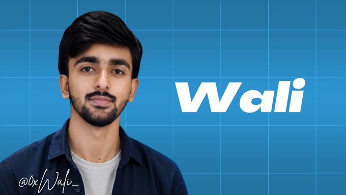 A young man with a beard and dark hair, wearing a navy shirt, appears on the left against a blue grid background with "Wali" in large white text and the handle "@0xWali_" in the bottom corner. The image serves as a featured profile for "Wali," referenced in the post as the author's mentor in research and finding alpha in crypto trading.
