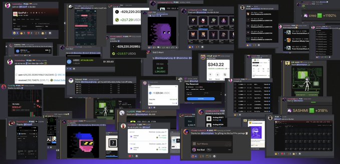 A collage of various cryptocurrency token dashboards and Telegram-style screenshots showing prices and market data.