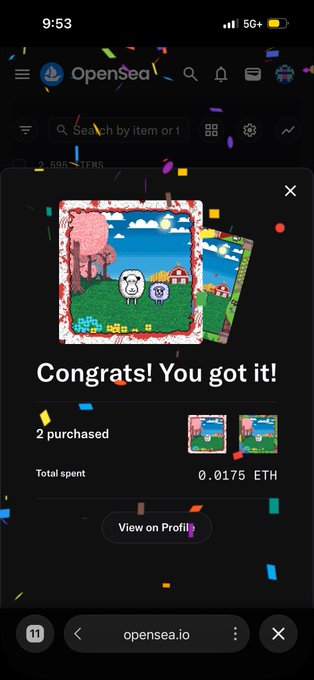 An OpenSea mobile app screenshot showing a successful NFT purchase with the message 'Congrats! You got it!' for 2 items at 0.0175 ETH total.