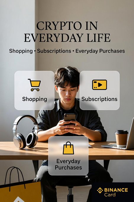 A Binance Card promotional graphic titled 'CRYPTO IN EVERYDAY LIFE' showing a young man using his phone with icons for 'Shopping', 'Subscriptions', and 'Everyday Purchases' overlaid.