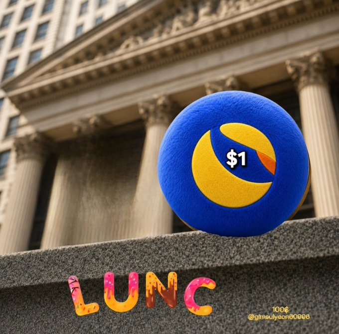 A blue plush ball with a yellow crescent moon design and '$1' sits on a stone ledge in front of a classical columned building, with the colorful text 'LUNC' and '100¢ @gimeulyeon00006' overlaid.