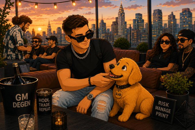 A stylized digital illustration of a man in sunglasses at a rooftop lounge petting a dog wearing a '$LAB' tag, with crypto-themed signs reading 'GM DEGEN', 'HODL TRADE REPEAT', and 'RISK MANAGE PRINT' against a city skyline.