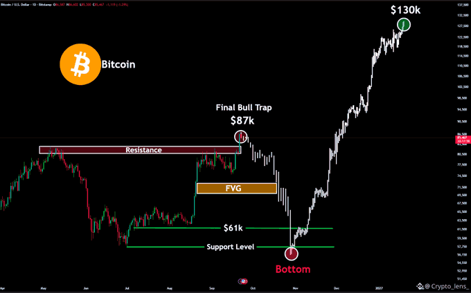 Bitcoin price chart from Crypto_lens showing a 'Final Bull Trap' at $87K, a Bottom around $61K at the Support Level, with a forecasted target of $130K.