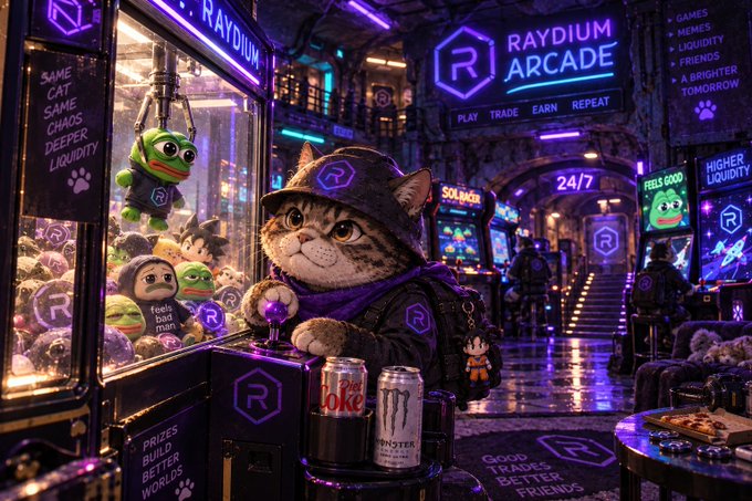 A digital illustration of a cat wearing a purple cap and scarf inside a neon-lit "RAYDIUM ARCADE," with text like "GAMES MEMES LIQUIDITY," "PLAY TRADE EARN REPEAT," and "SOLANER" visible around the scene.