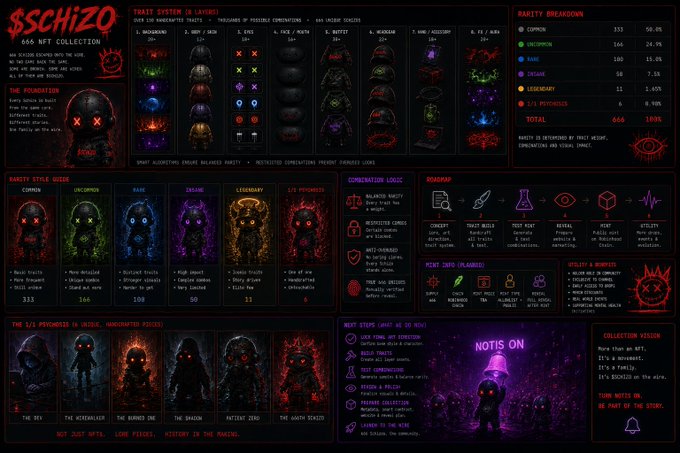 An infographic for 'SSCHIZO 666 NFT Collection' displaying trait systems in layers, rarity style guides from Common to 1/1 Psychopath, a rarity breakdown table, and collection logic explaining utility and value.
