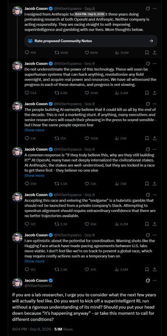 A Twitter/X thread by Jacob Coxon (@hitbertspews) expressing concerns about AI risks, superintelligence, and the race to AGI, with high engagement on the top post.