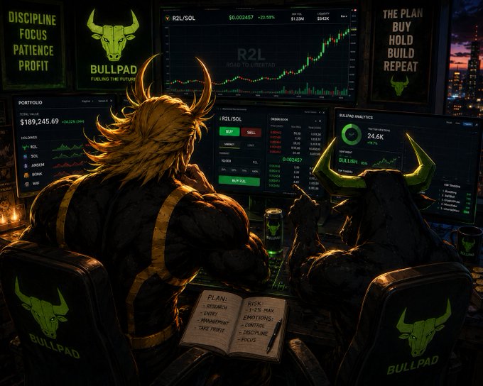 A stylized digital illustration of a bull-headed trader and a bull silhouette analyzing green crypto charts on multiple monitors displaying 'BULLPAD' branding, 'DISCIPLINE FOCUS PATIENCE PROFIT' and 'THE PLAN BUY HOLD BUILD REPEAT' signs, and portfolio metrics.