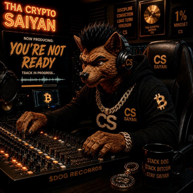 Digital artwork of an anthropomorphic wolf wearing "CS SAIYAN" clothing and Bitcoin jewelry in a recording studio, with neon text "THA CRYPTO SAIYAN" and "NOW PRODUCING: YOU'RE NOT READY."