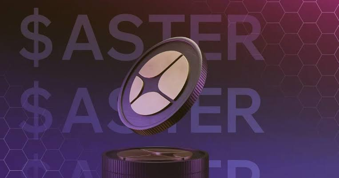 A black cryptocurrency coin with an X-shaped logo floats above another coin against a dark purple background with '$ASTER' text repeated and hexagonal patterns.