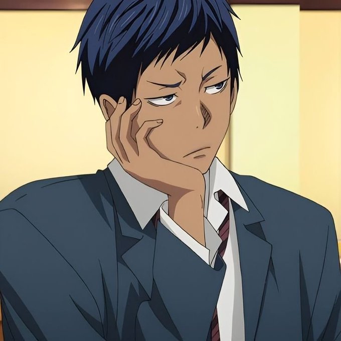 An anime screenshot of a dark-skinned male character with blue hair wearing a school uniform, resting his face on his hand with a contemplative expression.