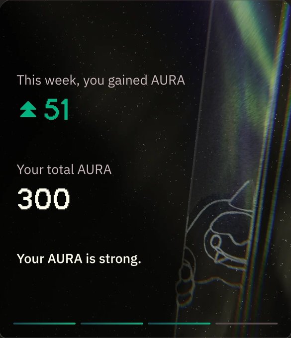 A dark-themed app screen showing 'This week, you gained AURA 51' with 'Your total AURA 300' and 'Your AURA is strong,' featuring a faint neon hand illustration.