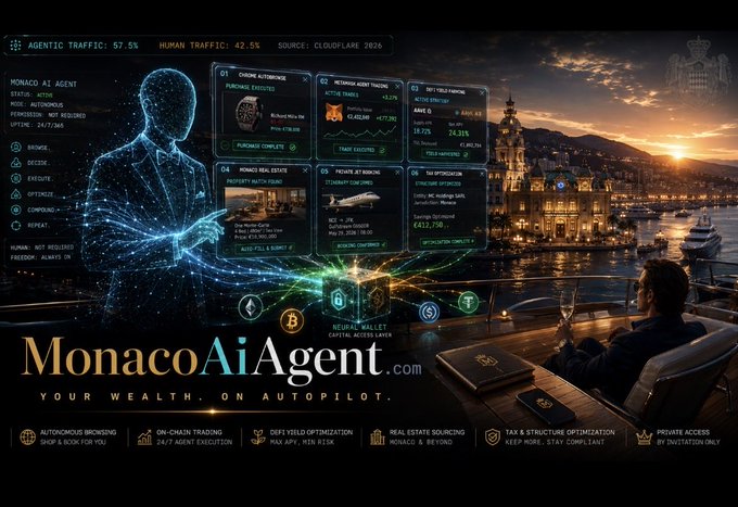 An advertisement for MonacoAiAgent.com with the tagline 'YOUR WEALTH, ON AUTOPILOT,' showing a person looking at AI dashboards with a coastal city view, displaying stats like 'AGENTIC TRAFFIC: 57.5%' and 'HUMAN TRAFFIC: 42.5%'.