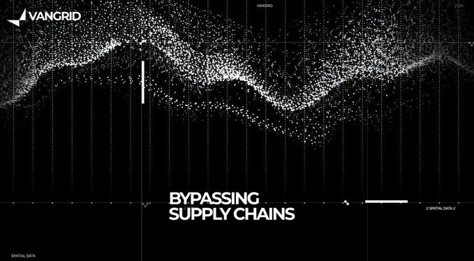 Black and white data visualization graphic for 'VANGRID' showing scattered dots forming a wave pattern with the text 'BYPASSING SUPPLY CHAINS' and 'SPATIAL DATA'.
