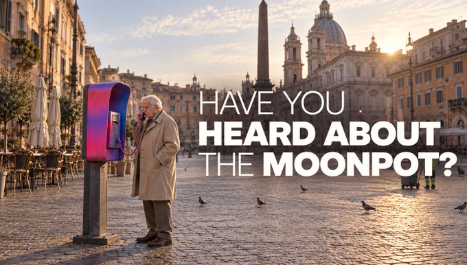 An elderly man in a trench coat uses a vibrant pink-and-blue payphone ("Moonpot") in a sunlit European piazza, while bold text asks, "HAVE YOU HEARD ABOUT THE MOONPOT?"—a clever visual suggesting the $TMP crypto project is so popular that even a classic, old-school figure can't resist checking it out.