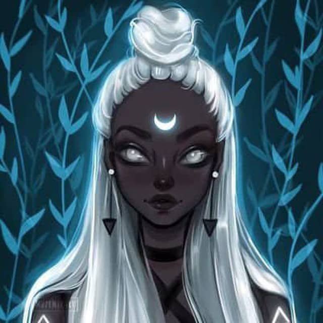A stylized digital illustration depicts a dark-skinned figure with glowing white eyes, long white hair, a crescent moon on her forehead, and triangular earrings against a blue leafy background.