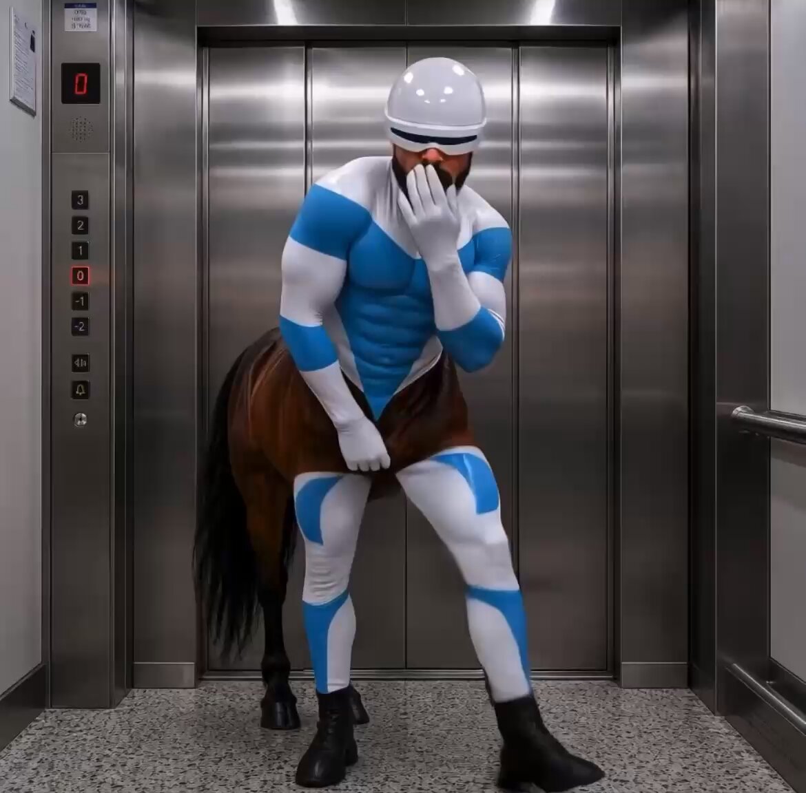 The image features a man dressed in a blue and white costume, which includes a horse's legs, standing inside an elevator. The man appears to be posing for the photo while holding his hand over his mouth. There are several buttons visible on the elevator wall, including one labeled "MAX LONG HYPERLIQUID TO ONE THOUSAND US DOLLARS". This suggests that the man might be in a themed event or location where costumed characters are common.

The post also mentions an interesting fact about the character Max Long from the movie "The Dark Knight", which is worth noting as well.