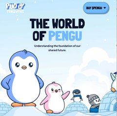 An illustration from Pudgy Penguins titled 'THE WORLD OF PENGU: Understanding the foundation of our shared future,' featuring cartoon penguins in a snowy landscape.