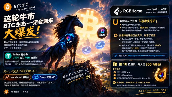 A promotional graphic features a glowing blue horse with a Bitcoin symbol, advertising 'BTC 生态 The Next Wave', 'RGBHorse', 'Launchpad', and 'Swap' with a Chinese flag icon and text about an airdrop.
