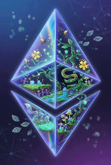 The image features a digital illustration of an eth node, which is a type of cryptocurrency. It is designed with three triangular shapes that represent different aspects of Ethereum's ecosystem. The topmost triangle contains a small tree, while the middle one has a snake, and the bottom one has mushrooms. These elements are set against a purple background, creating a visually appealing and unique representation of the Ethereum node.

The image also includes text that reads "Ethereum has never been more alive" and "ETH will lead the next bull market". This message emphasizes the growth and potential of Ethereum as a cryptocurrency, suggesting its future success in the market.
