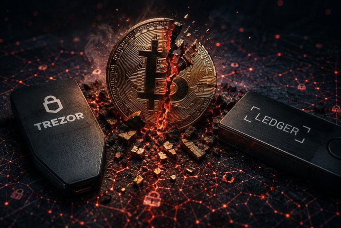 A promotional image showing a cracked gold Bitcoin coin flanked by Trezor and Ledger hardware wallets against a dark red networked background.