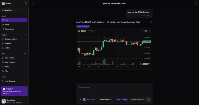 A screenshot of the Bankr chat interface displays a 4-hour candlestick chart for the $BNKR token on Base, showing a current price of $0.009964 with a +6.77% gain, illustrating the platform's ability to generate dynamic crypto charts directly within the chat.