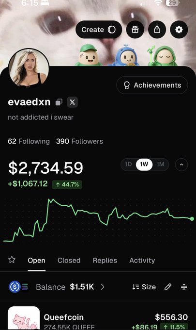 A screenshot of an investing app shows the user's portfolio valued at $2,734.59 with a gain of $1,067.12 (44.7%) over the past week, with "evaedxn" as the username and "not addicted i swear" as the bio—fittingly ironic given the user's announcement of starting a "1k to 100k challenge this week." The portfolio includes holdings like Queefcoin ($556.30, up 11.5%), supporting the "not addicted" claim with humor.