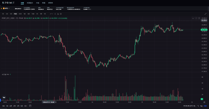 A trading chart shows the price of PERP_BTC_USDC-15 with a recent upward trend and volume bars below, illustrating the platform's potential for on-chain global asset trading.