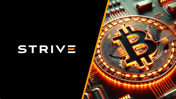 A promotional graphic with a black left panel displays the white text logo 'STRIVE', while the right side features a glowing, intricately detailed Bitcoin coin set against a dark circuit board background.