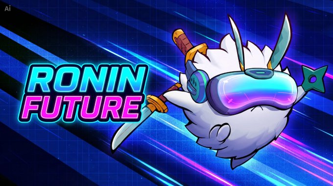 A banner displays the text 'RONIN FUTURE' in glowing neon letters next to a fluffy cartoon character wearing a VR headset and carrying a sword, set against a blue grid background.