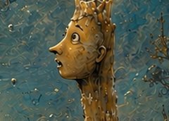 A surreal artwork depicting a wooden tree trunk with a carved human face in profile, surrounded by bubbles against a textured blue background.
