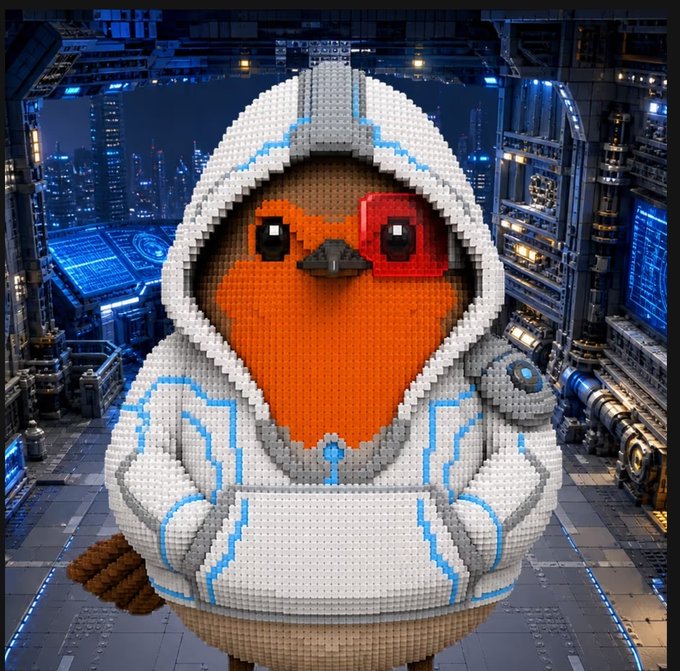 A LEGO-style brick sculpture of a chubby bird character wearing a white hoodie with blue accents and a red eyepiece, set against a futuristic sci-fi city background.