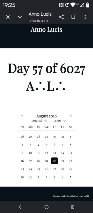 A mobile webpage titled 'Anno Lucis' showing 'Day 57 of 6027 A.L.' on an August 2026 calendar with the 20th highlighted.