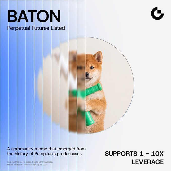 A promotional graphic for the listing of $BATON perpetual futures, featuring a Shiba Inu puppy holding a green baton inside a circular frame, with text announcing "BATON Perpetual Futures Listed" and noting "SUPPORTS 1 – 10X LEVERAGE," along with a description that it's a community meme originating from Pump.fun's predecessor history.
