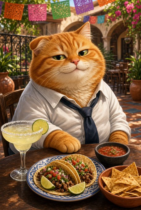 A whimsical illustration shows an orange tabby cat with a human-like body wearing a white shirt and loosened tie, sitting at an outdoor table with a plate of tacos, salsa, tortilla chips, and a margarita with a lime garnish.