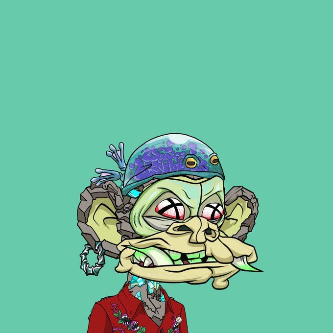 Stylized cartoon illustration of a green-skinned goblin-like creature with a frog perched on its head, wearing a red suit, set against a mint green background.