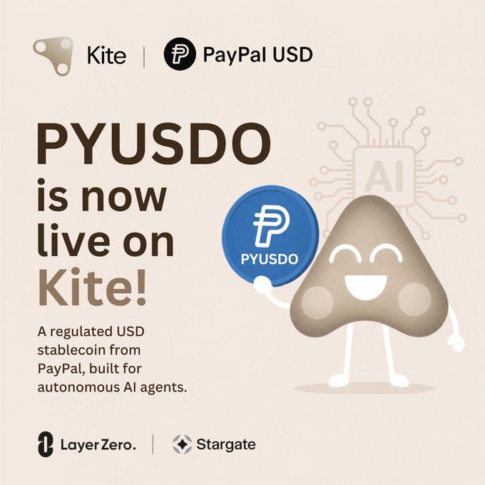 The image is a promotional graphic announcing that PYUSD0 (PayPal USD) is now live on Kite, featuring the Kite and PayPal USD logos at the top, a cartoon AI character holding a blue PYUSDO token, and the LayerZero and Stargate logos at the bottom. The text highlights that PayPal's regulated USD stablecoin is now available on Kite for autonomous AI agents to use in settlements.