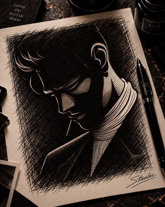A moody pen-and-ink sketch by "Stanlee" (signed at bottom right) shows a pensive man in a collared shirt with his head bowed, surrounded by "GOOD ART BETTER MOOD" notepad, "INK BLACK" bottle, and a "Sharpie" pen. The handcrafted, traditional artistry contrasts with the NFT context, reinforcing the post's message that digital art can be more than just a token when paired with genuine creative skill.