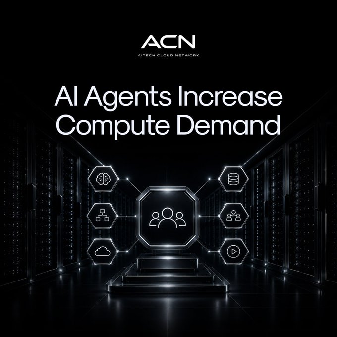 iventech cloud network's infographic showcases AI agents increasing the demand for computing services, with a black background and white text.
